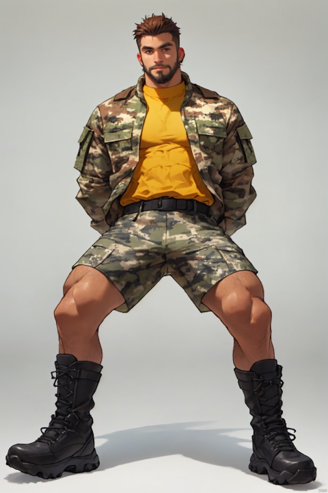  best quality, amazing quality, very aesthetic, absurdres,1man,solo,mature male,bodybuilder,muscular male,looking at viewer, stubble, standing, simple background,
camouflage jacket, Camouflage shorts, Tactical Belt, full body, Tactical boots,
short_hair, stubble, sideburns, multicolored_hair, thick_thighs, beard, black_eyes,
(arms behind back), spread legs,