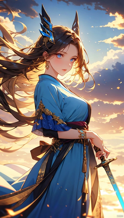  This is an image depicting a female character in an oriental style. She has long black hair and wears exquisite headgear. Her gaze is firm and her face is delicate. She is dressed in a flowing light blue dress, the design of which is both elegant and somewhat mysterious. In her hand, she grips a shiny long sword. The entire scene gives a dreamy and mysterious feeling, with a hazy sky and floating clouds as the backdrop.