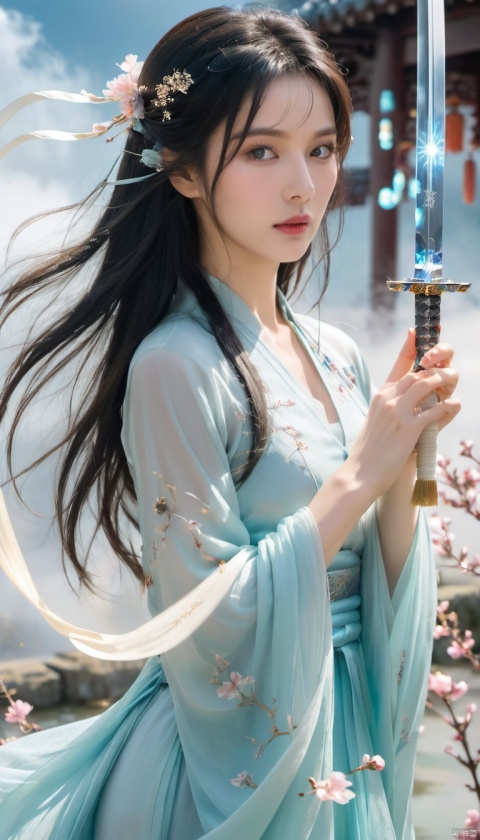  This is an image depicting a female character in an oriental style. She has long black hair and wears exquisite headgear. Her gaze is firm and her face is delicate. She is dressed in a flowing light blue dress, the design of which is both elegant and somewhat mysterious. In her hand, she grips a shiny long sword. The entire scene gives a dreamy and mysterious feeling, with a hazy sky and floating clouds as the backdrop.