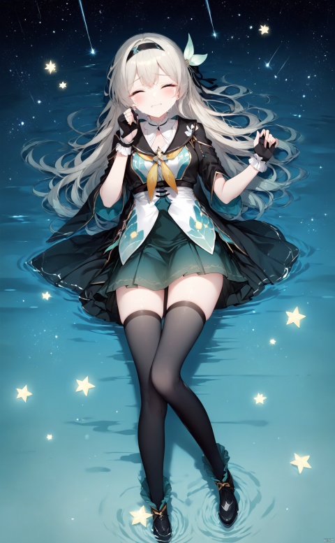  (masterpiece),(best quality),illustration,ultra detailed,hdr,full_body,liuying,def clothe,1girl,black thighhighs,hairband,long hair,blackhairband,fingerlessgloves,skirt,eyes_closed,crying,tears,laying,the meteor crossed the starry sky, floating_on_water, onnk