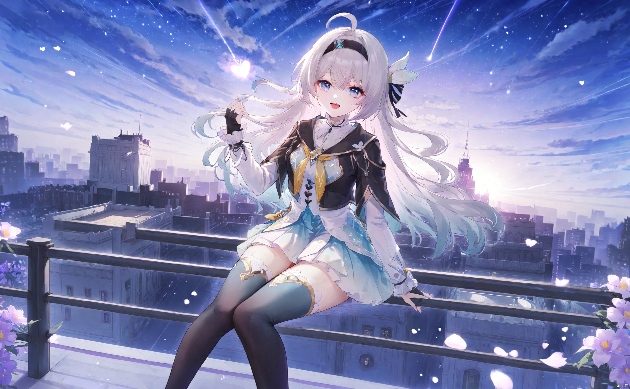  1girl, solo, ahoge, virtual youtuber, flower, looking at viewer, sitting, open mouth, smile,bangs,between legs, :d, hand between legs, purple background, feet out of frame,haoche\\\\\\\\\\\\\\The girl on the top of the building, the starry sky, the meteor crossed, the city skyline behind her was extremely beautiful, the breeze was blowing, the girl's heart was confused, her face was red, and she stroked her hair\\\\\\\\\\\\\Top view, panorama, fisheye lens,\\\\\\\\\\\\\\liuying,def clothe,1girl,black thighhighs,blue eyes,hairband,long hair,black hairband,fingerless gloves, skirt,
//BREAK,
fine fabric emphasis, maximalism, best quality, amazing quality, very aesthetic, absurdres, best quality, amazing quality, very aesthetic, absurdres, Highly detailed, best quality, masterpiece,