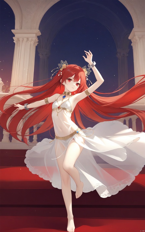 Artist ask (askzy),Artist chen bin,(masterpiece), (best quality), illustration, ultra detailed, hdr,  colorful,solo,1girl,loli,red_hair,red_eyes,very long hair,metal collar,see-through harem outfit,bare feet ,cuffs , dancing, palace , pillows, indoor,