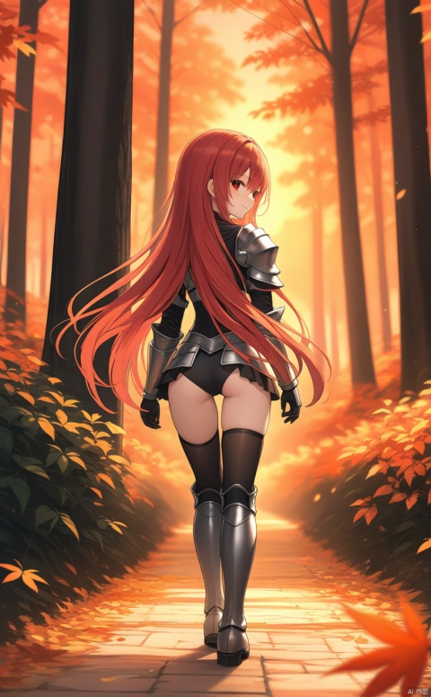 (masterpiece), (best quality), illustration, ultra detailed, hdr, Depth of field, (colorful),solo,1girl,loli,red_hair,red_eyes,very long hair,metal_armor,bikini_armor,black_thighhighs,walking,looking_back,smiling_at_viewer,armor_boots,closed_mouth,forest_path,dusk,autumn,autumn_leaves