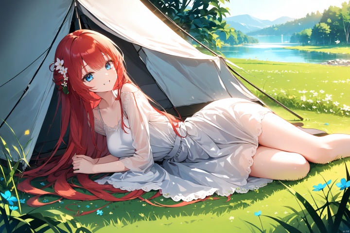 masterpiece, best quality,POV_from_side,full_body,1girl,laying on grass,red_hair,blue_eyes,very_long_hair,smiling_at_viewer,white_dress,flower_in_hair,grass,tent,river,