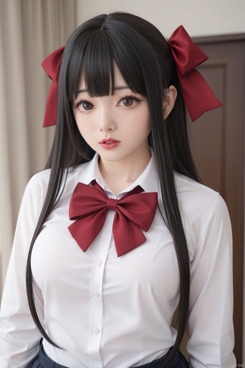  masterpiece,best quality,very long hair,cowboy shot,4349,animal_ears,1girl,long_hair,solo_focus,black_hair,looking_at_viewer,parted_lips,big_chest,clothes_pull,bow,red_bow,shirt,upper_body,hair_bow,white_shirt,