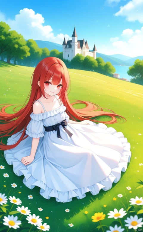 (masterpiece), (best quality), illustration, ultra detailed, hdr, Depth of field, (colorful),solo,1girl,loli,red_hair,red_eyes,very long hair,long_skirt,bare_shoulder,collarbone, smiling_at_viewer, lay on grass, flower ,grass,blue sky,(castle:0.6)  