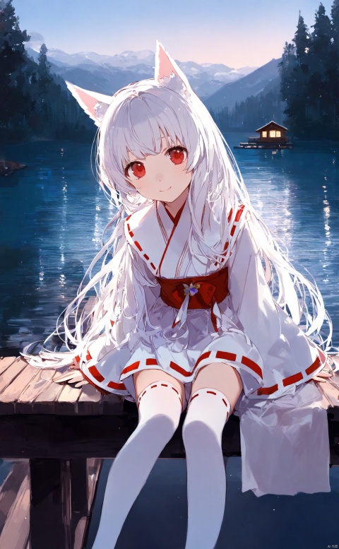  Best-A,[kedama milk|ciloranko|baku-p|tsubasa_tsubasa|tinker bell],realistic,reverse light,perspective,from_blow, depth of field,loli,1girl,miko,white_hair,very_long_hair,animal_ears_fluffy,red_eyes,smiling at viewer,miko_outfit,white_thighhighs,sitting_on_dock,water,wooden_house,forest,sky,
