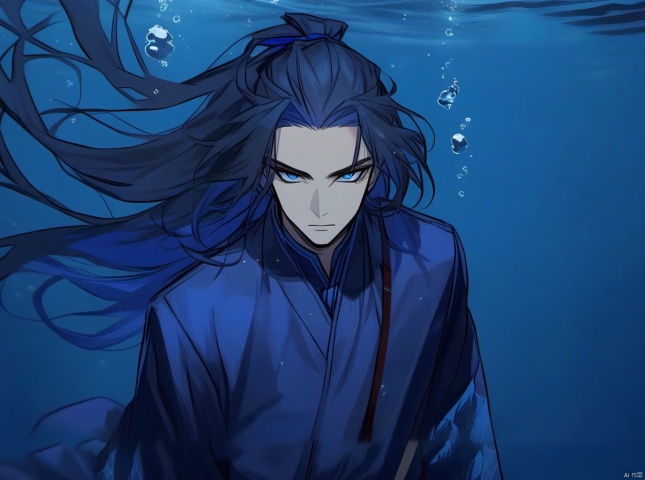 solo, 1boy, long hair, male focus, blue theme, upper body, looking at viewer, underwater, closed mouth, bubble, black hair, air bubble