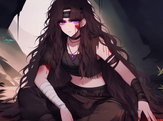 1girl, long hair, purple eyes, blood, black hair, navel, headband, solo, necklace, midriff, jewelry, looking at viewer, blood on face, sitting, brown hair, braid, pants, choker, bandages