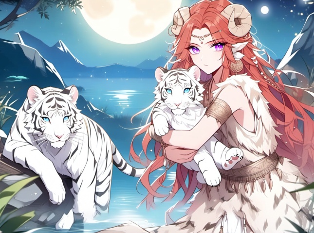 1girl, horns, long hair, red hair, purple eyes, animal, moon, tiger, holding animal, jewelry, looking at viewer, earrings, solo, full moon, outdoors, animal ears, night, water, pointy ears, holding, white tiger, circlet, sheep horns, blue eyes, very long hair, rock, grass, mountain