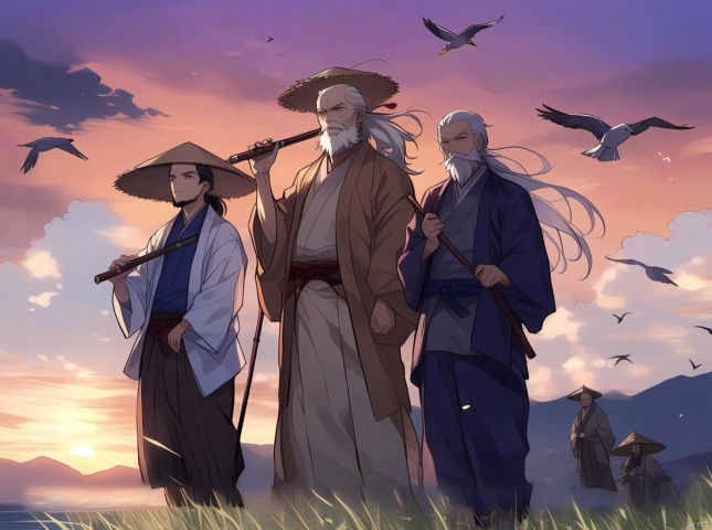 multiple boys, hat, old man, old, outdoors, japanese clothes, bird, cloud, sky, facial hair, beard, ponytail, staff, 3boys, holding, grass, flute, white hair, long hair, weapon, kimono, male focus, sunset, standing, straw hat, 4boys