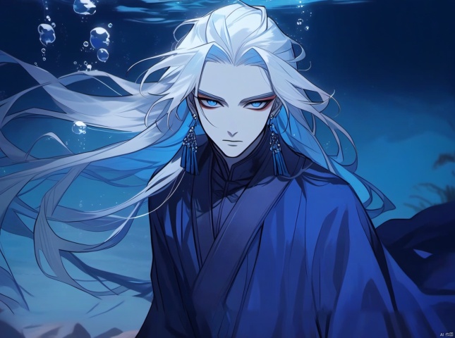 1boy, male focus, solo, long hair, looking at viewer, upper body, jewelry, earrings, white hair, eyeshadow, closed mouth, bubble, underwater, pale skin, colored skin, robe, blue eyes, blue theme, makeup, expressionless