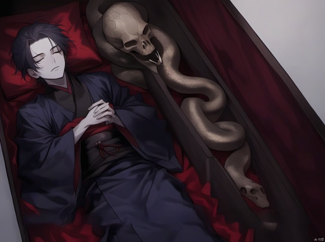 1boy, male focus, closed eyes, solo, pale skin, skull, black hair, japanese clothes, lying, robe, own hands together, hands in opposite sleeves, on back, snake, coffin