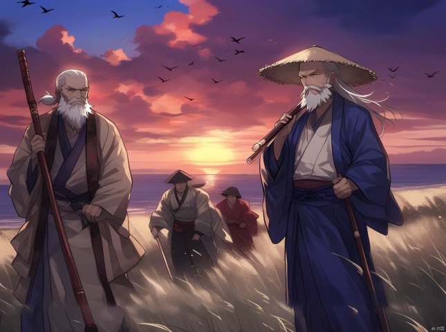 multiple boys, hat, old man, old, outdoors, japanese clothes, bird, cloud, sky, facial hair, beard, ponytail, staff, 3boys, holding, grass, flute, white hair, long hair, weapon, kimono, male focus, sunset, standing, straw hat, 4boys