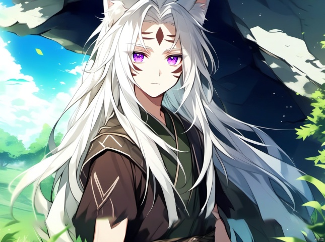 long hair, 1boy, male focus, outdoors, white hair, solo, day, purple eyes, tree, looking at viewer, facial mark, cloud, sky, animal ears, closed mouth, grass, bangs, upper body, parted bangs, rock, blue sky