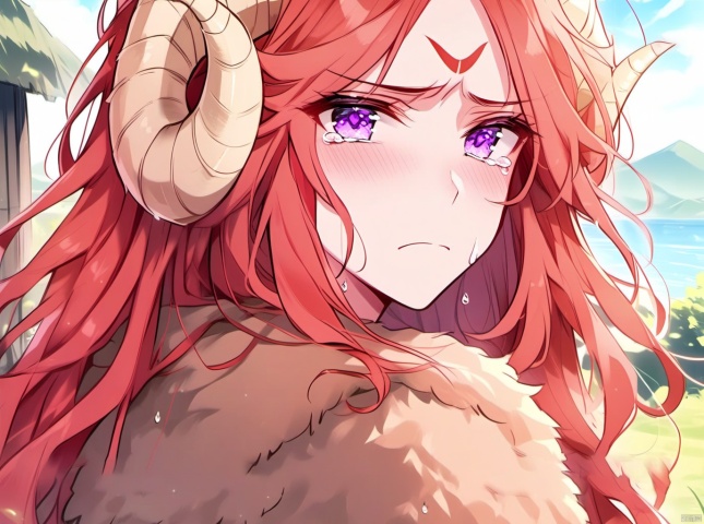 1girl, horns, red hair, solo, purple eyes, long hair, looking at viewer, blush, curled horns, forehead mark, sheep horns, outdoors, closed mouth, frown, portrait, sad, day, tears, facial mark, shiny hair