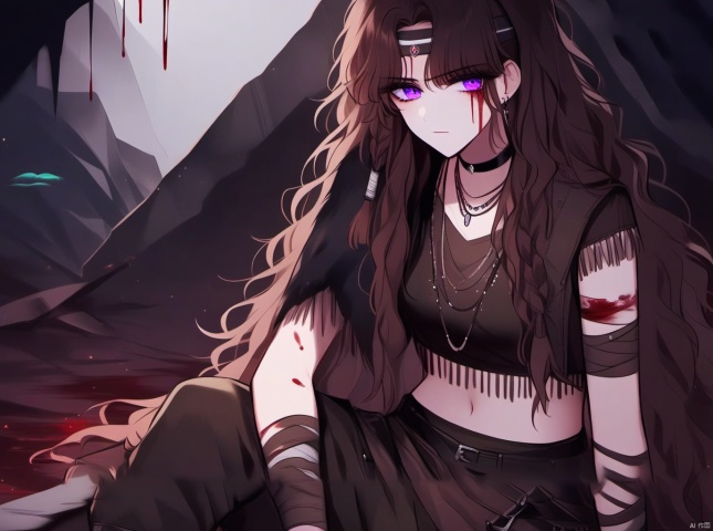 1girl, long hair, purple eyes, blood, black hair, navel, headband, solo, necklace, midriff, jewelry, looking at viewer, blood on face, sitting, brown hair, braid, pants, choker, bandages