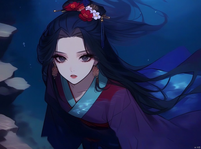 1girl, solo, black hair, jewelry, long hair, earrings, hair ornament, flower, japanese clothes, hanfu, looking at viewer, black eyes, chinese clothes, underwater, from above, parted lips, hair flower