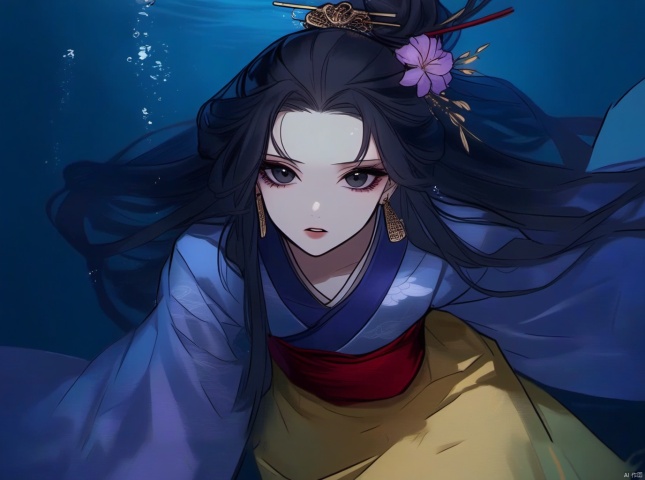 1girl, solo, black hair, jewelry, long hair, earrings, hair ornament, flower, japanese clothes, hanfu, looking at viewer, black eyes, chinese clothes, underwater, from above, parted lips, hair flower
