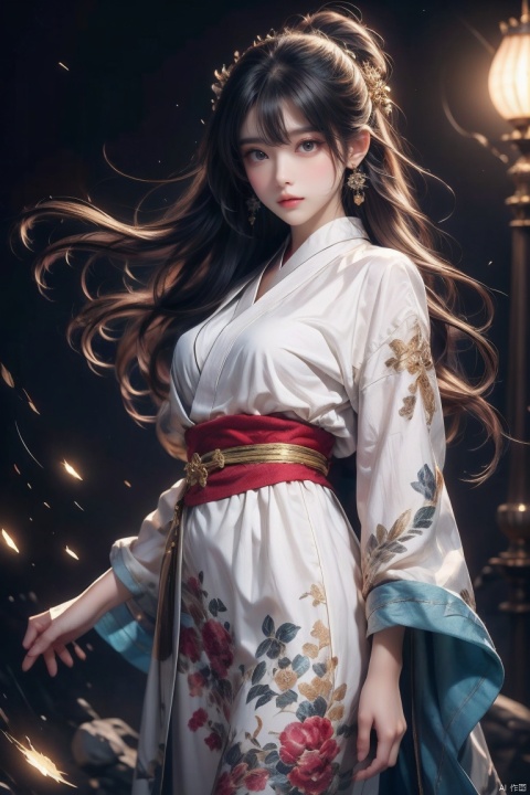  ((minimalist style)), High detailed, masterpiece, ((Front wheel empty light)), 1 girl, solo, (Female Focus), aqua eyes, multicolored eyes, ((Eye highlight)), ((Red glossy lip gloss)), Earrings, bangs, long hair, Hair ornaments, kimono, Printing, Medium chest, ((5 fingers)), ((1 handful Katana/hilt/Blade/)), ((Motion delay light、light painting)), ((Motion delay light| White light painting)), fine gloss, (Desert background), Film and television style, reflection light, motion blur, Depth of field, sparkle, Surrealism, Conceptual art, glowing light, anaglyph, UHD, 8K, best quality, textured skin, 1080P, ccurate, retina, [(white background:1.5)::5], Asian girl, ((poakl)), (\ji jian\)