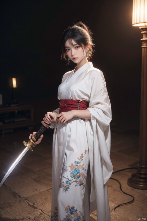  ((minimalist style)), High detailed, masterpiece, ((Front wheel empty light)), 1 girl, solo, (Female Focus), aqua eyes, multicolored eyes, ((Eye highlight)), ((Red glossy lip gloss)), Earrings, bangs, long hair, Hair ornaments, kimono, Printing, Medium chest, ((5 fingers)), ((1 handful Katana/hilt/Blade/)), ((Motion delay light、light painting)), ((Motion delay light| White light painting)), fine gloss, (Desert background), Film and television style, reflection light, motion blur, Depth of field, sparkle, Surrealism, Conceptual art, glowing light, anaglyph, UHD, 8K, best quality, textured skin, 1080P, ccurate, retina, [(white background:1.5)::5], Asian girl, ((poakl)), (\ji jian\)
