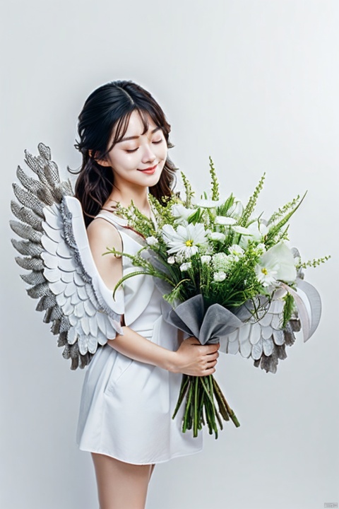  (White wings: 1.5), a 20yo girl, cute, super cute, with one eye closed, hair filled with flowers, holding a large bouquet of flowers in her hand, full body, panoramic, white background, minimalist style, wide-angle lens, Asian girl, ((poakl))