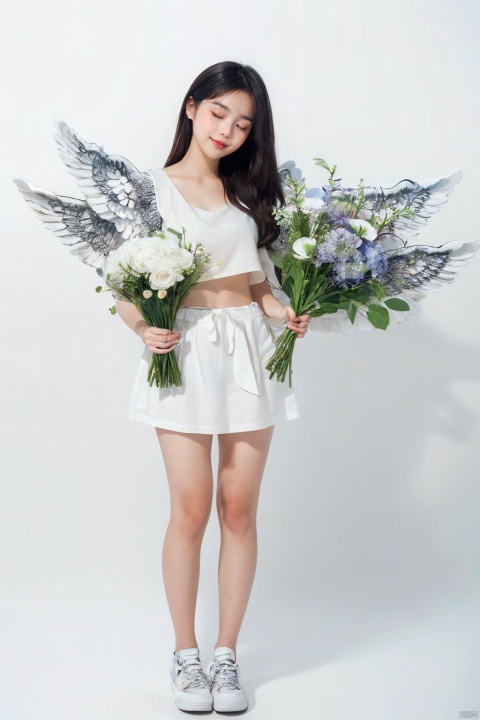  (White wings: 1.5), a 20yo girl, cute, super cute, with one eye closed, hair filled with flowers, holding a large bouquet of flowers in her hand, full body, panoramic, white background, minimalist style, wide-angle lens, Asian girl, ((poakl)), 1girl