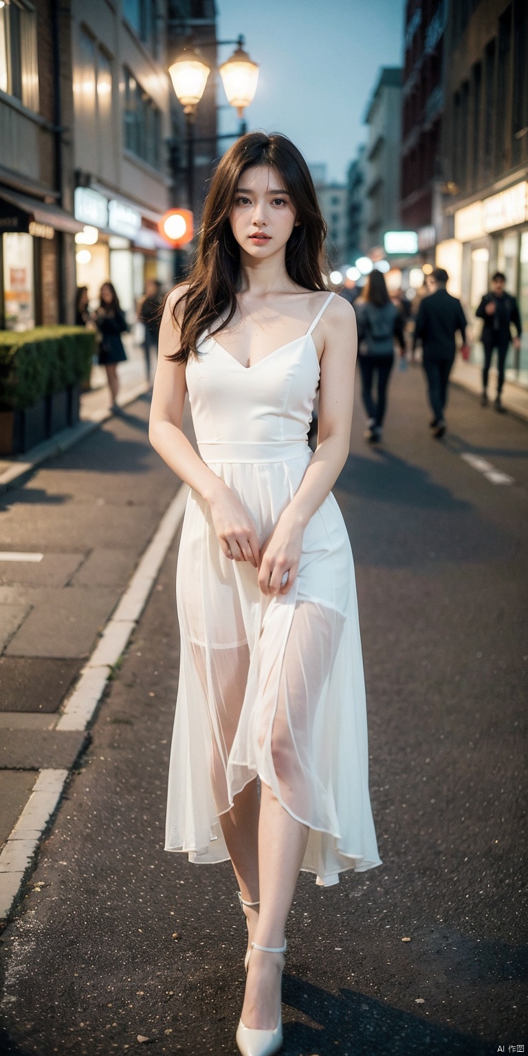  ((Realistic lighting, Best quality, 8K, Masterpiece: 1.3)), Focus: 1.2, 1girl, Perfect Figure: 1.4, Slim Abs: 1.1, ((Dark brown hair)), (White dress: 1.4), (Outdoor, Night: 1.1), City streets, Super fine face, Fine eyes, Double eyelids,

, Asian girl, xxlinpantyhose