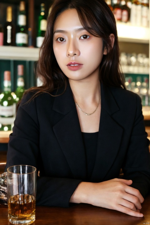  1girl, solo, bottle, alcohol, long hair, red shirt, bar (place), shirt, looking at viewer, blurry background, jacket, formal, blurry, black jacket, brown hair, realistic, suit, collared shirt, lips, brown eyes, long sleeves, whiskey, indoors, Asian girl, poakl ggll girl, ((poakl))