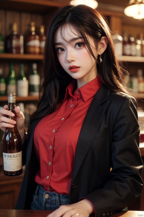  1girl, solo, bottle, alcohol, long hair, red shirt, bar (place), shirt, looking at viewer, blurry background, jacket, formal, blurry, black jacket, brown hair, realistic, suit, collared shirt, lips, brown eyes, long sleeves, whiskey, indoors, Asian girl, poakl ggll girl, ((poakl))