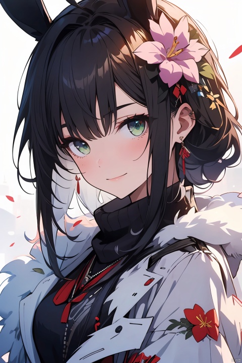1girl,coat,cropped_shoulders,dated,eyebrows_hidden_by_hair,flower,green_eyes,hair_ornament,hashtag,highres,hinoshita_kaho,letterboxed,link!_like!_love_live!,long_sleeves,looking_at_viewer,love_live!,makki_do,medium_hair,orange_hair,portrait,rabbit_hair_ornament,side_ahoge,smile,solo,white_background,winter_clothes,winter_coat,autoappealing,autoappealingdb, best quality, masterpiece