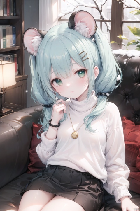 solo, (perfect face), (detailed outfit), (20 years old), lovely female, (mouse ears), peaceful, (serene), (lying on sofa), blue hair, long hair, (twintails), green eyes, pale skin, small chest_circumference, (sweater), (skirt), (hairclip), (locket), (bracelet),from front, indoor, (living room), (sofa), (bookshelf), (lamp), (window), evening, (snowy,(masterpiece), (best quality), (sharp focus), (depth of field), (high res)