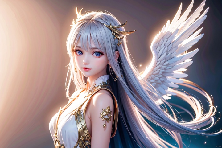 (angel), angel wings, halo, long flowing hair, wind theme, ancient toga, intricate toga, fantasy imperial, slight smile, vector graphics, painted, divine background, (original), (highres), gradient eyes, azure eyes, white hair, focus on face, immaculate, minute details, intricate world, fantasy landscape