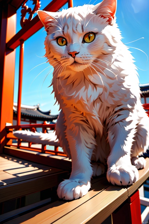  1white cat, cute, squatting on the railing, photo, real, masterpiece, 32k, best quality, Chinese dragon,white., new year, maomi