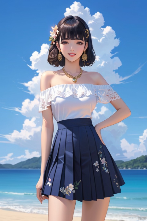A girl, white shirt, dark blue pleated skirt, one hand on her hips, one hand holding up one side of her hair, smiling at the camera,  (best quality), ((masterpiece)), (highres), illustration, original, extremelydetailed,1girl, solo, black hair, dress, jewelry, sky, day, brown eyes, looking at viewer, lips, blue sky, earrings, bangs, cloud, hair ornament, parted lips, necklace, bare shoulders, outdoors, floral print, blunt bangs