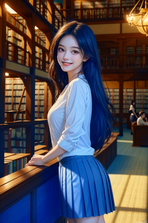  A girl, white shirt, pleated skirt dark bluesideways, at 45 degrees, looking back at the camera, smiling, one arm on her chest, fingers relaxed and slightly clenched, long hair flowing, with a library lounge area in the background, best quality, masterpiece, highres, original, extremely detailed wallpaper, perfect lighting, drawing, Light master