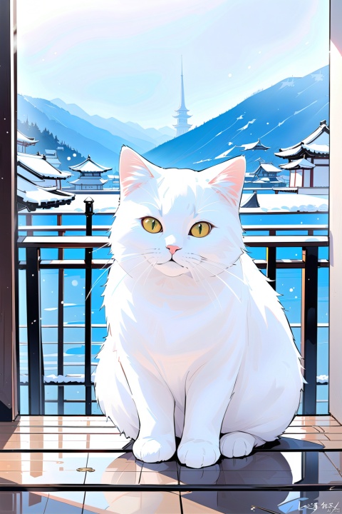  1 white cat, cute, squatting on the railing, photo, real, masterpiece, 32k, best quality, white, new year, guzhuang,