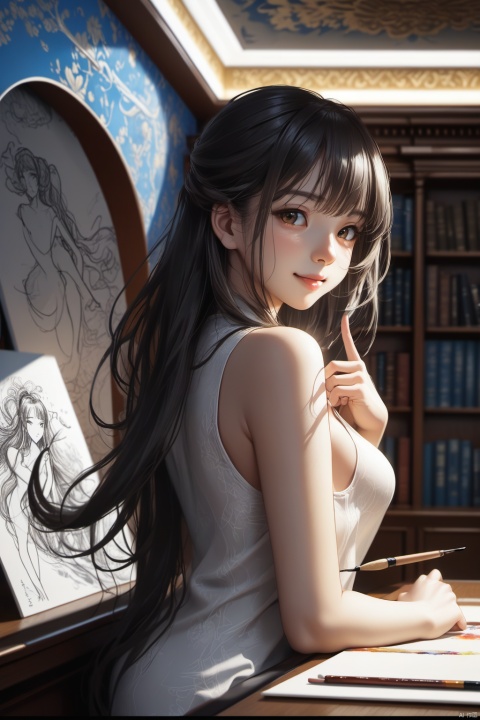 A girl, sideways at 45 degrees, looking back at the camera, smiling, one arm on her chest, fingers relaxed and slightly clenched, long hair flowing, with a library lounge area in the background, best quality, masterpiece, highres, original, extremely detailed wallpaper, perfect lighting, drawing, paintbrush, (poakl girl)