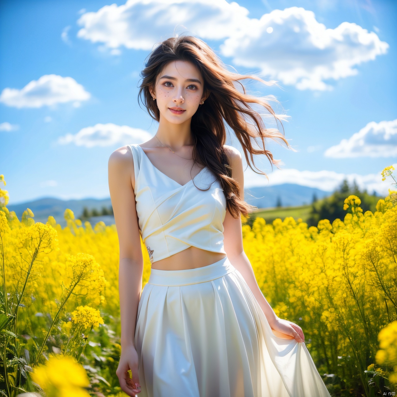  A beautiful woman standing in a blooming rapeseed field, wearing a white top and a red skirt, the skirt fluttering gently. Surrounded by golden rapeseed flowers, with gently rolling hills in the distance, the sky is a deep blue with a few white clouds leisurely drifting by. High-definition photo of the most beautiful artwork in the world featuring a lady in white and red dress standing in a sea of golden rapeseed flowers, smiling, freckles, white outfit, red skirt, nostalgia, sexy, dramatic oil painting by Ed Blinkey, Atey Ghailan, Studio Ghibli, by Jeremy Mann, Greg Manchess, Antonio Moro, trending on ArtStation, trending on CGSociety, Intricate, High Detail, Sharp focus, photorealistic painting art by midjourney and greg rutkowski., Light master,4K