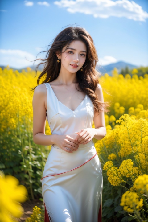  A beautiful girl standing in a blooming rapeseed field, wearing a red qipao, the skirt fluttering gently. Surrounded by golden rapeseed flowers, with gently rolling hills in the distance, the sky is a deep blue with a few white clouds leisurely drifting by. High-definition photo of the most beautiful artwork in the world featuring a lady in white and red dress standing in a sea of golden rapeseed flowers, smiling, red qipao, nostalgia, sexy, the wind messed up her hair,dramatic oil painting by Ed Blinkey, Atey Ghailan, Studio Ghibli, by Jeremy Mann, Greg Manchess, Antonio Moro, trending on ArtStation, trending on CGSociety, Intricate, High Detail, Sharp focus, photorealistic painting art by midjourney and greg rutkowski., Light master 4k