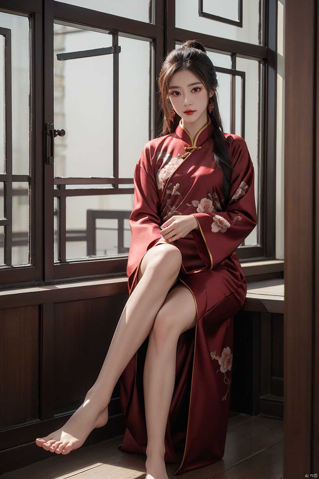  1girl, solo, looking at viewer, long hair, brown hair, qipao, black hair, long sleeves, sitting, full body, red hanfu, barefoot, indoors, feet, window, realistic,4k