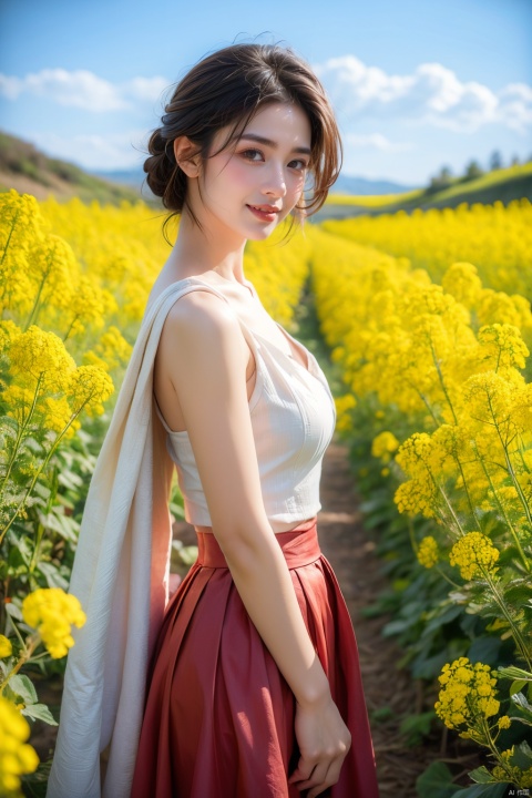  A beautiful woman standing in a blooming rapeseed field, wearing a red hanfu, the skirt fluttering gently. Surrounded by golden rapeseed flowers, with gently rolling hills in the distance, the sky is a deep blue with a few white clouds leisurely drifting by. High-definition photo of the most beautiful artwork in the world featuring a lady in white and red dress standing in a sea of golden rapeseed flowers, smiling, red skirt, nostalgia, sexy, dramatic oil painting by Ed Blinkey, Atey Ghailan, Studio Ghibli, by Jeremy Mann, Greg Manchess, Antonio Moro, trending on ArtStation, trending on CGSociety, Intricate, High Detail, Sharp focus, photorealistic painting art by midjourney and greg rutkowski., Light master 4k