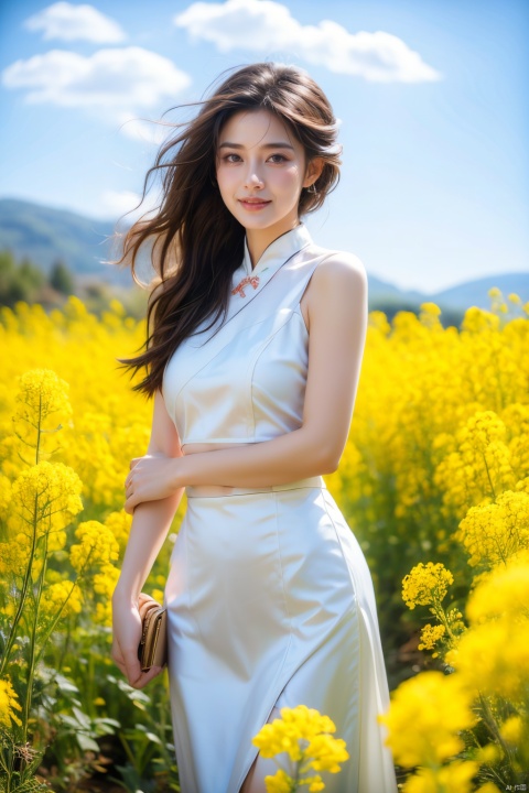  A beautiful girl standing in a blooming rapeseed field, wearing a red qipao, the skirt fluttering gently. Surrounded by golden rapeseed flowers, with gently rolling hills in the distance, the sky is a deep blue with a few white clouds leisurely drifting by. High-definition photo of the most beautiful artwork in the world featuring a lady in white and red dress standing in a sea of golden rapeseed flowers, smiling, red qipao, nostalgia, sexy, the wind messed up her hair,dramatic oil painting by Ed Blinkey, Atey Ghailan, Studio Ghibli, by Jeremy Mann, Greg Manchess, Antonio Moro, trending on ArtStation, trending on CGSociety, Intricate, High Detail, Sharp focus, photorealistic painting art by midjourney and greg rutkowski., Light master 4k