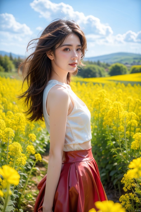  A beautiful woman standing in a blooming rapeseed field, wearing a red qipao, the skirt fluttering gently. Surrounded by golden rapeseed flowers, with gently rolling hills in the distance, the sky is a deep blue with a few white clouds leisurely drifting by. High-definition photo of the most beautiful artwork in the world featuring a lady in white and red dress standing in a sea of golden rapeseed flowers, smiling, red skirt, nostalgia, sexy, dramatic oil painting by Ed Blinkey, Atey Ghailan, Studio Ghibli, by Jeremy Mann, Greg Manchess, Antonio Moro, trending on ArtStation, trending on CGSociety, Intricate, High Detail, Sharp focus, photorealistic painting art by midjourney and greg rutkowski., Light master 4k
