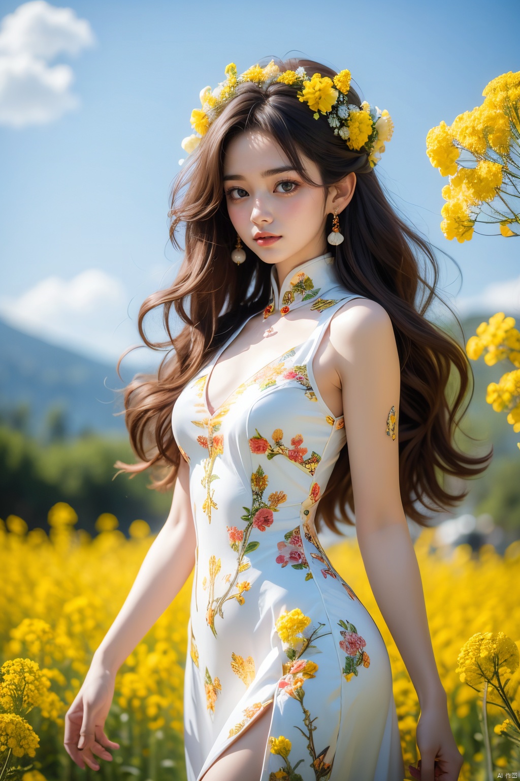 A beautiful and sexy fairy with big eyes like Carslan, wearing a flower crown made of blooming fresh flowers.      Her dress red qipao is white crane, like a walking floral art painting.      She's surrounded by a sea of blooming rapeseed flowers, as if she's the spirit of this ocean of flowers.      High quality full HD picture of the most beautiful artwork in the world featuring a sexy flower fairy with big eyes wearing a flower crown and a dress made of flowers surrounded by a sea of rapeseed flowers, trending on ArtStation, trending on CGSociety, intricate, high detail, sharp focus, dramatic, photorealistic painting art by midjourney and greg rutkowski.