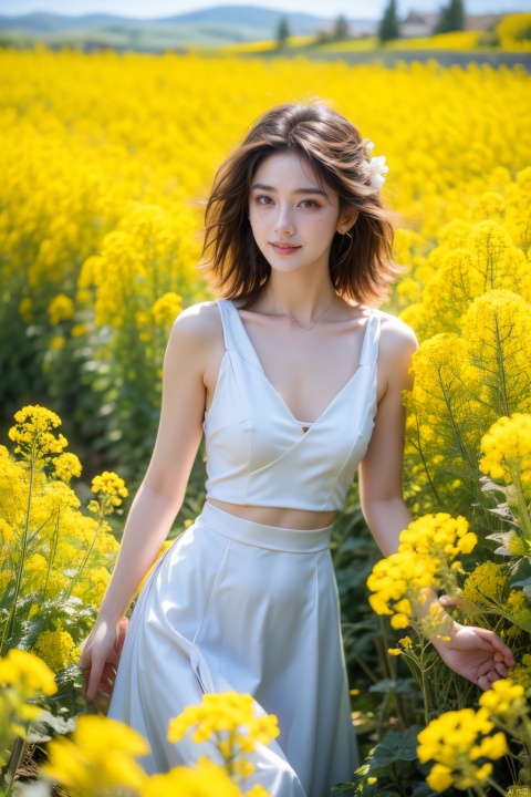  A beautiful woman standing in a blooming rapeseed field, red qipao, the skirt fluttering gently. Surrounded by golden rapeseed flowers, with gently rolling hills in the distance, the sky is a deep blue with a few white clouds leisurely drifting by. High-definition photo of the most beautiful artwork in the world featuring a lady in white and red dress standing in a sea of golden rapeseed flowers, smiling, freckles, white outfit, red skirt, nostalgia, sexy, dramatic oil painting by Ed Blinkey, Atey Ghailan, Studio Ghibli, by Jeremy Mann, Greg Manchess, Antonio Moro, trending on ArtStation, trending on CGSociety, Intricate, High Detail, Sharp focus, photorealistic painting art by midjourney and greg rutkowski., Light master,4K