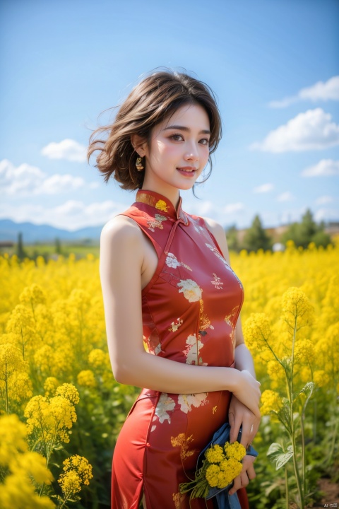  A beautiful woman standing in a blooming rapeseed field, wearing a red qipao, the skirt fluttering gently. Surrounded by golden rapeseed flowers, with gently rolling hills in the distance, the sky is a deep blue with a few white clouds leisurely drifting by. High-definition photo of the most beautiful artwork in the world featuring a lady in white and red dress standing in a sea of golden rapeseed flowers, smiling, red qipao, nostalgia, sexy, the wind messed up her hair,dramatic oil painting by Ed Blinkey, Atey Ghailan, Studio Ghibli, by Jeremy Mann, Greg Manchess, Antonio Moro, trending on ArtStation, trending on CGSociety, Intricate, High Detail, Sharp focus, photorealistic painting art by midjourney and greg rutkowski., Light master 4k