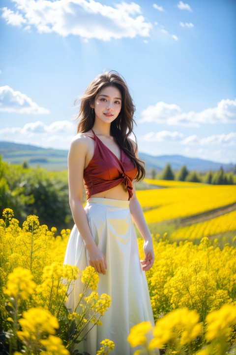  A beautiful woman standing in a blooming rapeseed field, wearing a red hanfu, the skirt fluttering gently. Surrounded by golden rapeseed flowers, with gently rolling hills in the distance, the sky is a deep blue with a few white clouds leisurely drifting by. High-definition photo of the most beautiful artwork in the world featuring a lady in white and red dress standing in a sea of golden rapeseed flowers, smiling, red hanfu, nostalgia, sexy, dramatic oil painting by Ed Blinkey, Atey Ghailan, Studio Ghibli, by Jeremy Mann, Greg Manchess, Antonio Moro, trending on ArtStation, trending on CGSociety, Intricate, High Detail, Sharp focus, photorealistic painting art by midjourney and greg rutkowski., Light master 4k