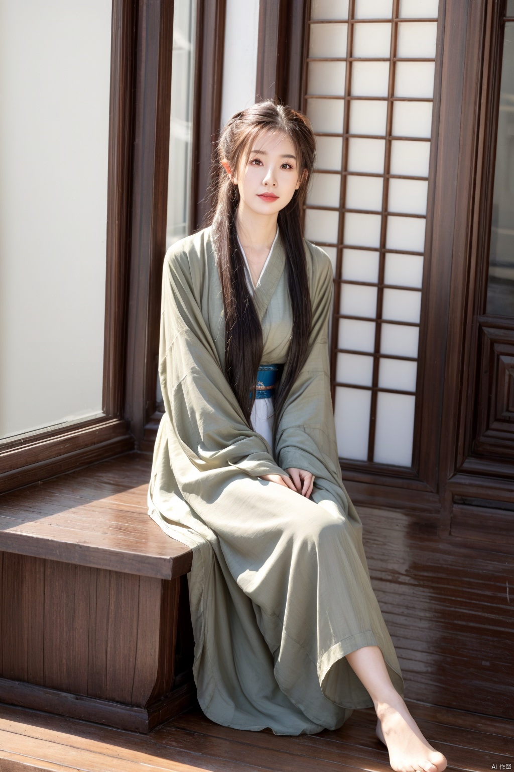  1girl, solo, looking at viewer, long hair, brown hair, qipao, black hair, long sleeves, sitting, full body, red hanfu, barefoot, indoors, feet, window, realistic,4k, QIEMANCN