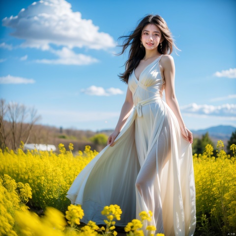  A beautiful woman standing in a blooming rapeseed field, hanfu, the skirt fluttering gently. Surrounded by golden rapeseed flowers, with gently rolling hills in the distance, the sky is a deep blue with a few white clouds leisurely drifting by. High-definition photo of the most beautiful artwork in the world featuring a lady in white and red dress standing in a sea of golden rapeseed flowers, smiling, freckles, white outfit, red skirt, nostalgia, sexy, dramatic oil painting by Ed Blinkey, Atey Ghailan, Studio Ghibli, by Jeremy Mann, Greg Manchess, Antonio Moro, trending on ArtStation, trending on CGSociety, Intricate, High Detail, Sharp focus, photorealistic painting art by midjourney and greg rutkowski., Light master,4K